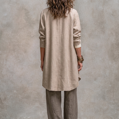 Taupe three-piece suit set, back view: long blazer and wide-leg trousers