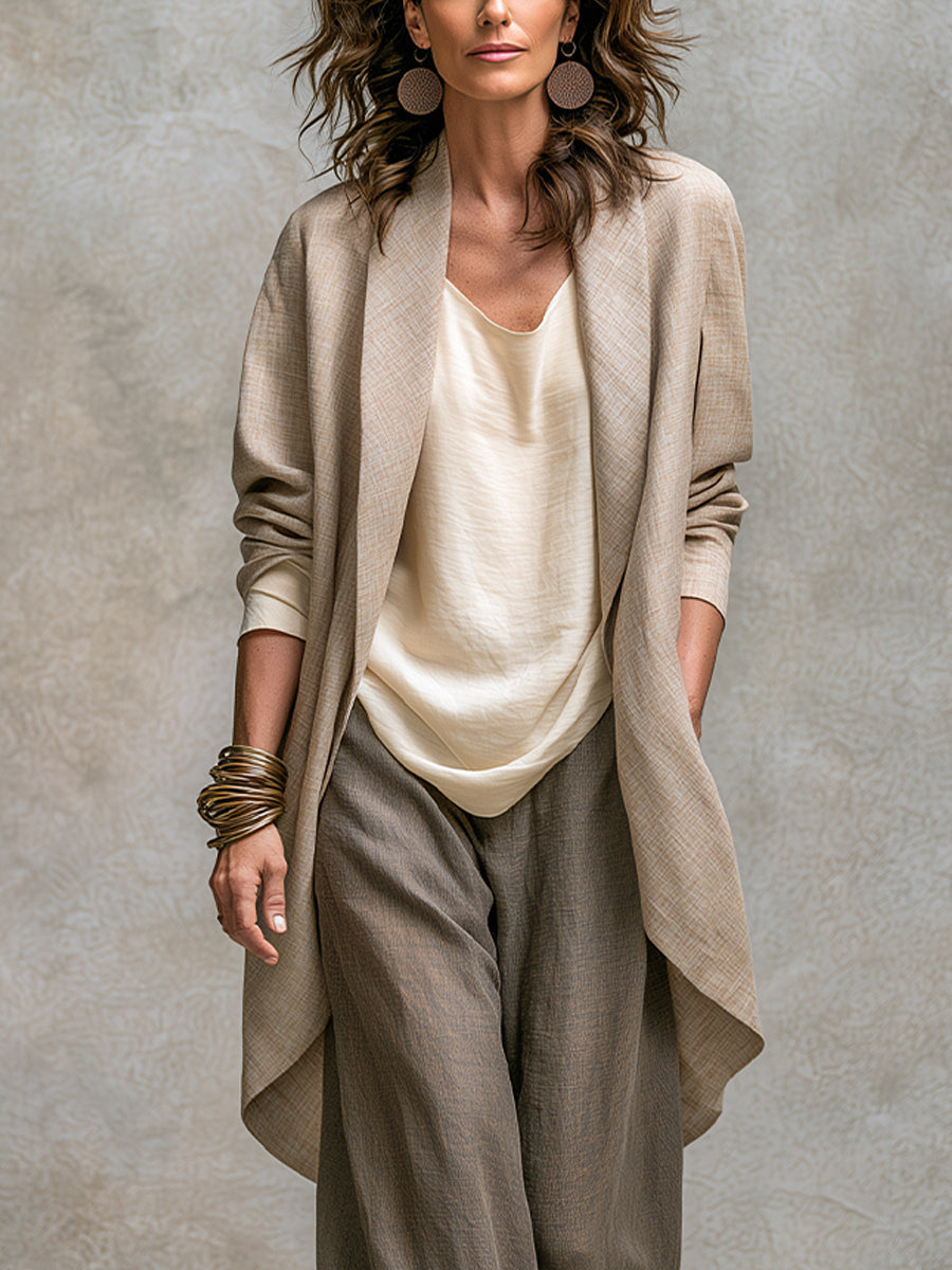 Taupe three-piece wide-leg suit set: open blazer over draped tank and trousers