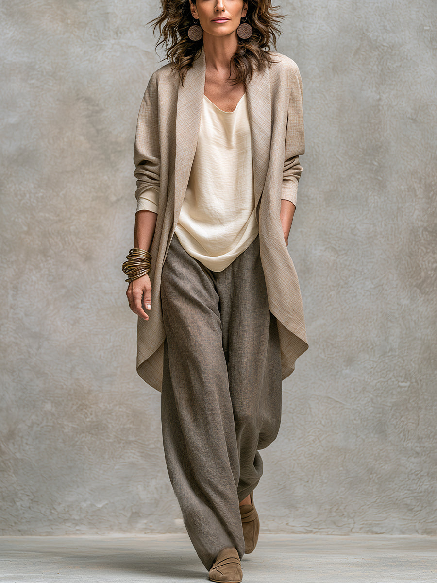 Taupe three-piece wide-leg suit set: blazer, draped tank, wide-leg trousers