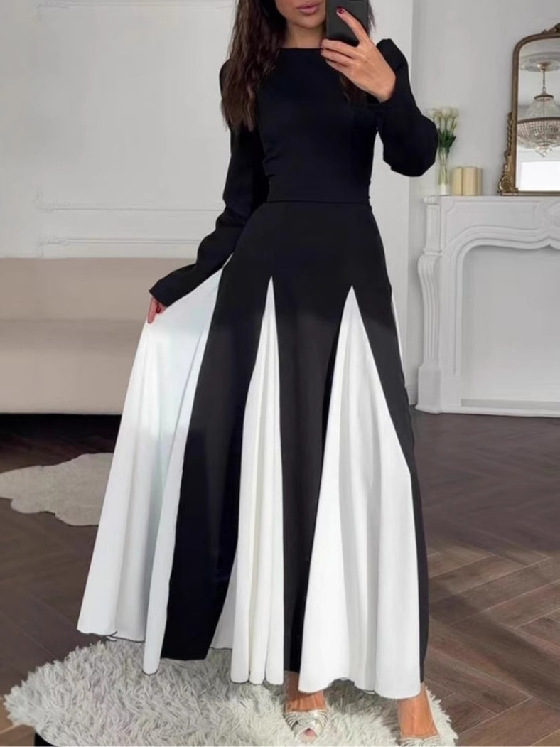 Celia™ black and white colorblock maxi dress with long sleeves, fitted bodice, full flared skirt