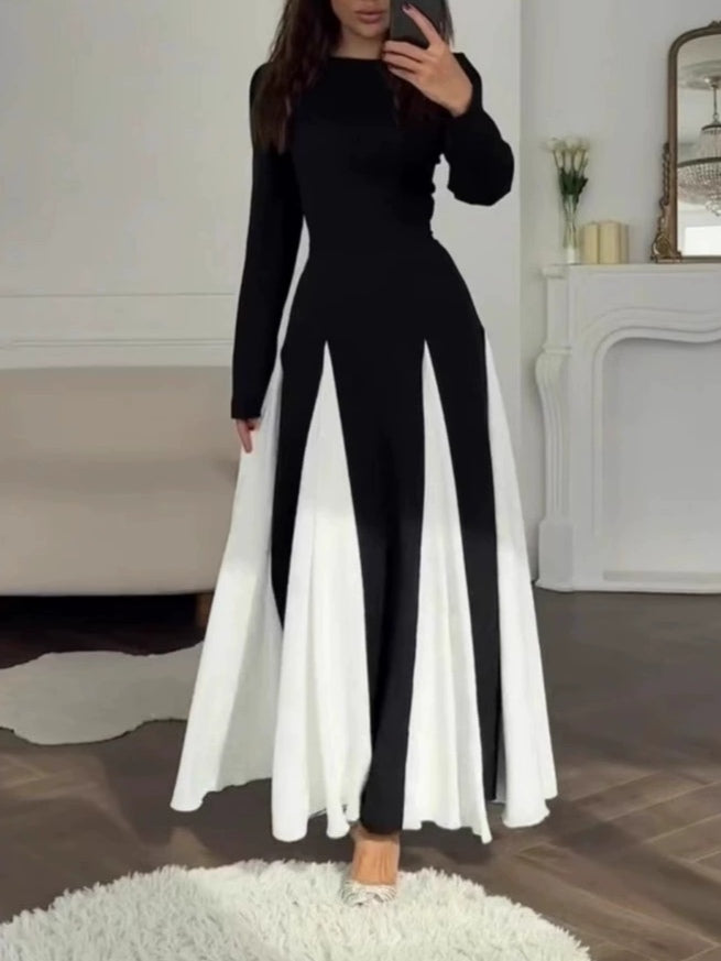Celia™ black and white colorblock maxi dress, long sleeves, structured fitted top, swing skirt