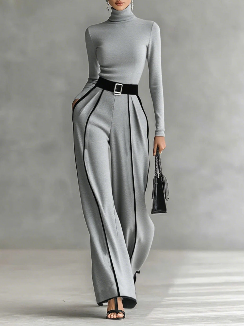 Grey high-neck long-sleeve top and wide-leg pants set with white trim and waist belt buckle.