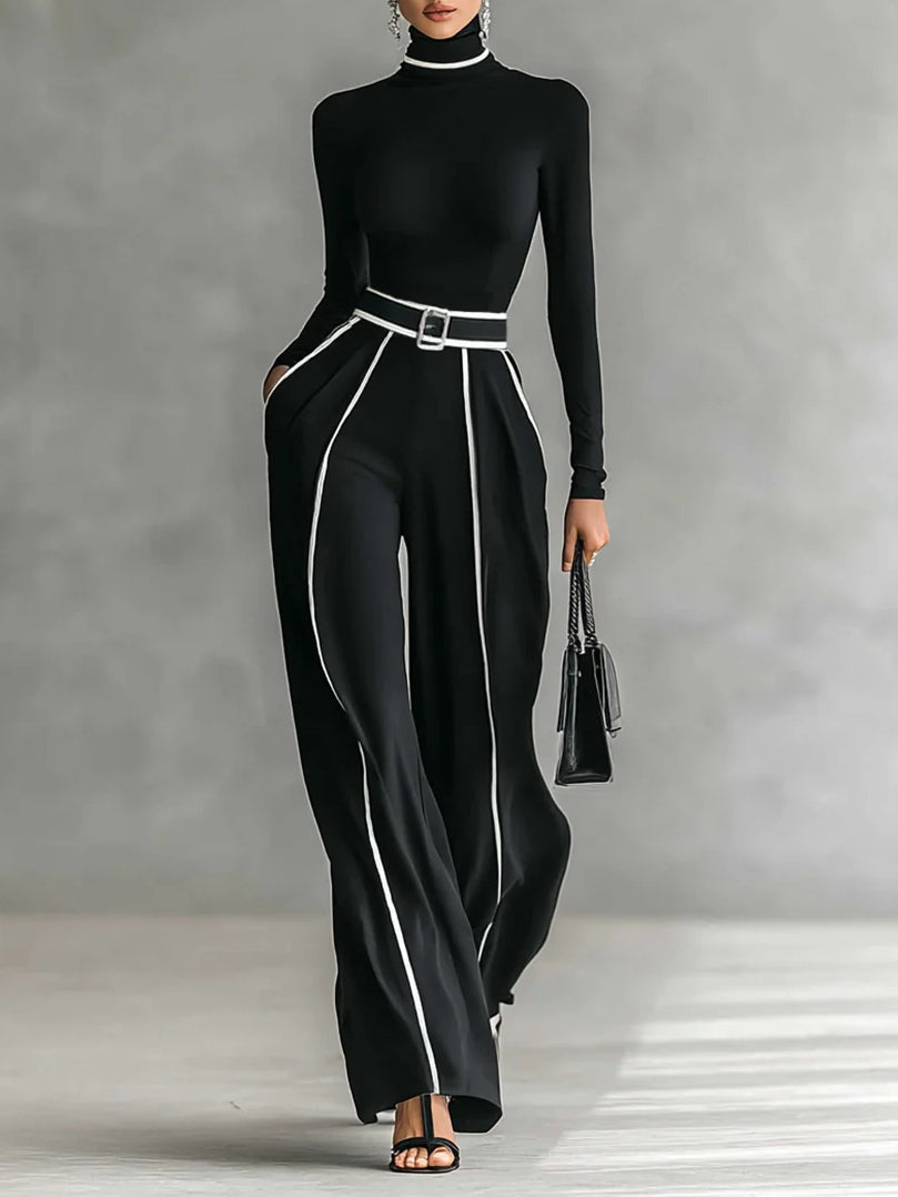 Black high-neck long-sleeve top and wide-leg pants set with white trim and waist belt buckle.