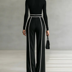 Black high-neck long-sleeve pants set with white trim stripes and waist belt with square buckle.