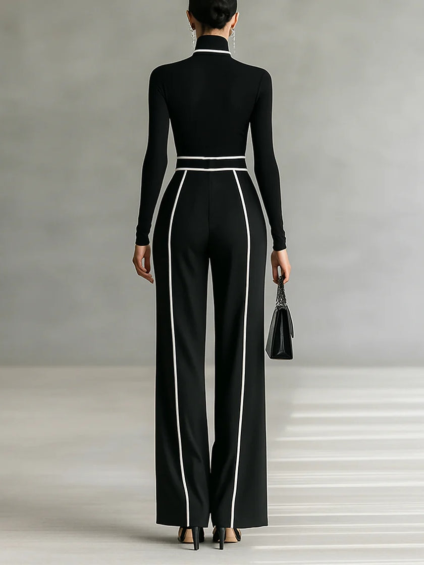 Black high-neck long-sleeve pants set with white trim stripes and waist belt with square buckle.