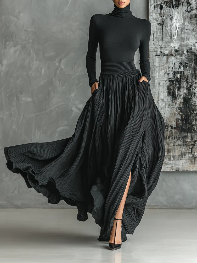 Black turtleneck top and pleated midi skirt set, long sleeves, tiered gathered waist
