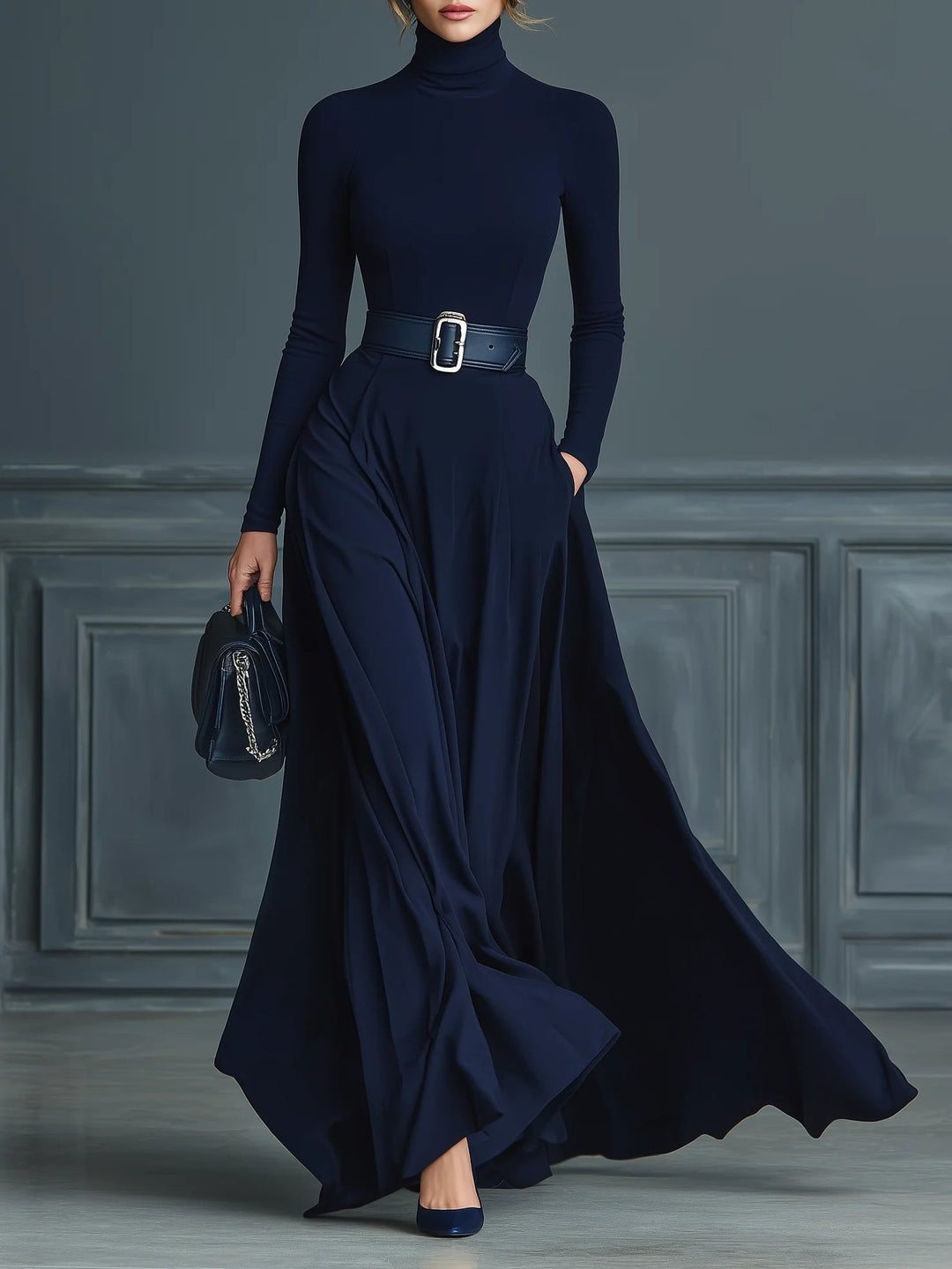Gerika™ dark navy knit turtleneck dress, long sleeves, belted waist, flared maxi skirt
