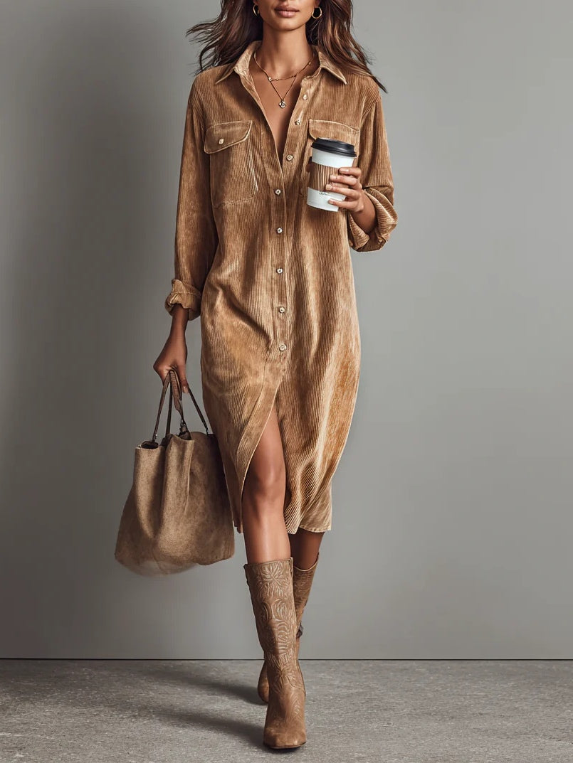 Zabrina™ shirt dress with front pockets, button front and long sleeves, tan