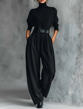 Black two-piece set: turtleneck long-sleeve top and belted wide-leg pants