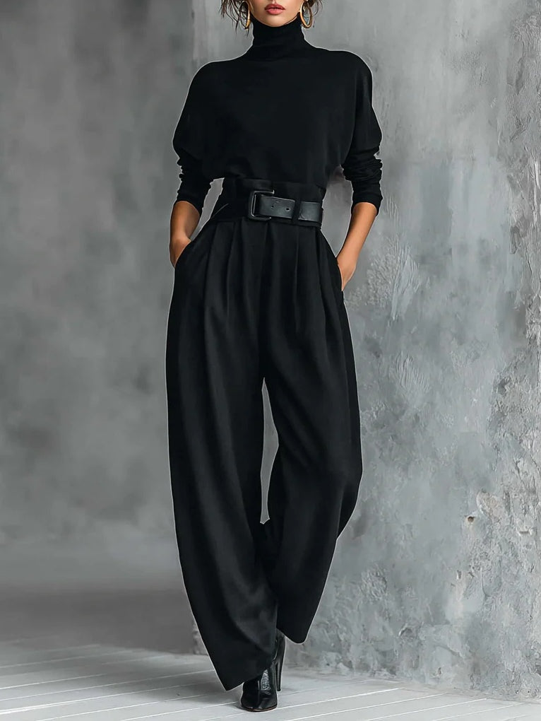 Black two-piece set: turtleneck long-sleeve top and belted wide-leg pants