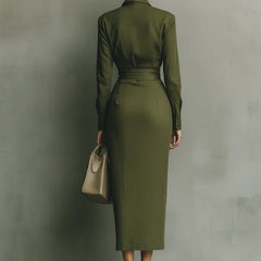 Olive wrap maxi dress back view with long sleeves and waist tie detail