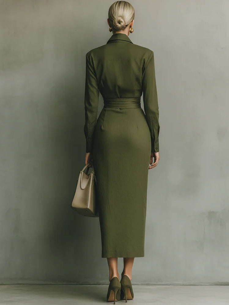 Olive wrap maxi dress back view with long sleeves and waist tie detail