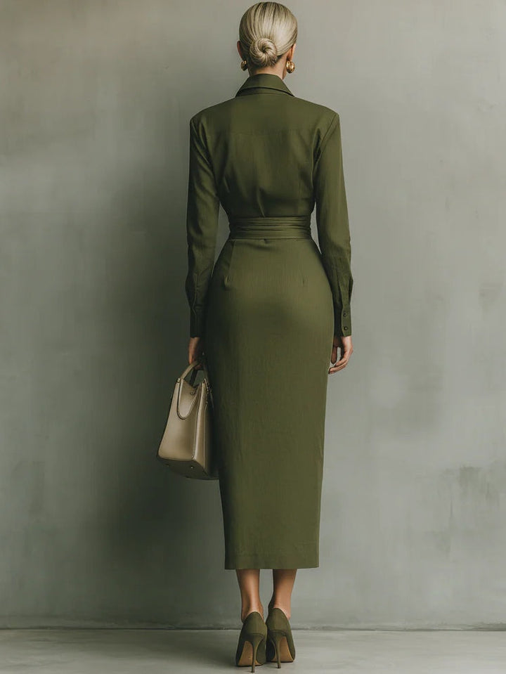 Olive wrap maxi dress back view with long sleeves and waist tie detail