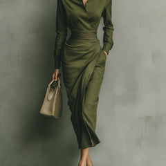 Olive wrap maxi dress with V-neck and long sleeves, front ruched waist