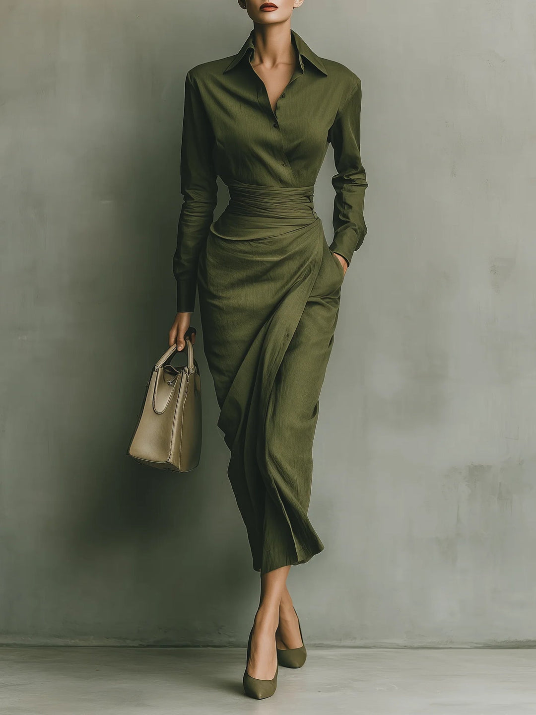 Olive wrap maxi dress with V-neck and long sleeves, front ruched waist