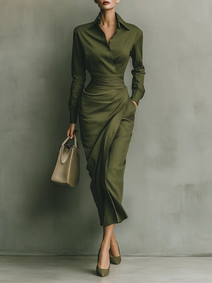 Olive wrap maxi dress with V-neck and long sleeves, front ruched waist