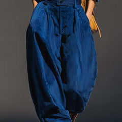 Blue corduroy wide-leg pants with elastic waistband, gathered front and drawstring tie