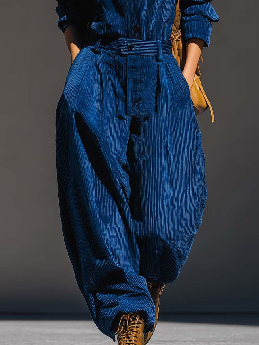 Blue corduroy wide-leg pants with elastic waistband, gathered front and drawstring tie
