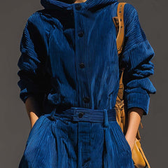 Blue corduroy hooded top with button front, gathered waist and full sleeves
