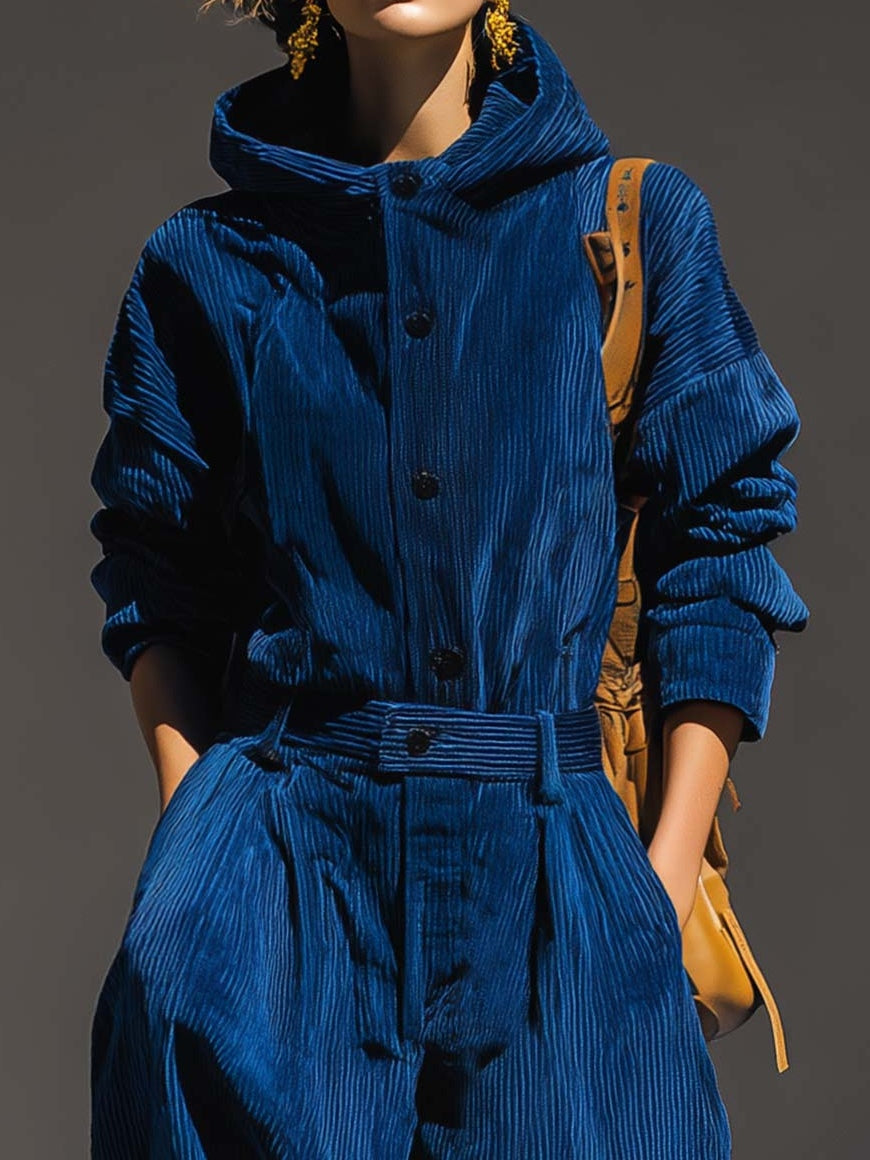 Blue corduroy hooded top with button front, gathered waist and full sleeves