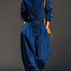 Blue corduroy hooded top and wide-leg pants set, button front and drawstring waist