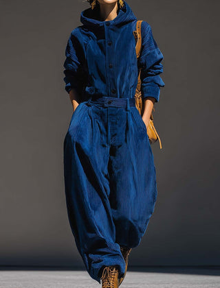 Blue corduroy hooded top and wide-leg pants set, button front and drawstring waist