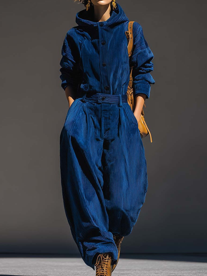 Blue corduroy hooded top and wide-leg pants set, button front and drawstring waist