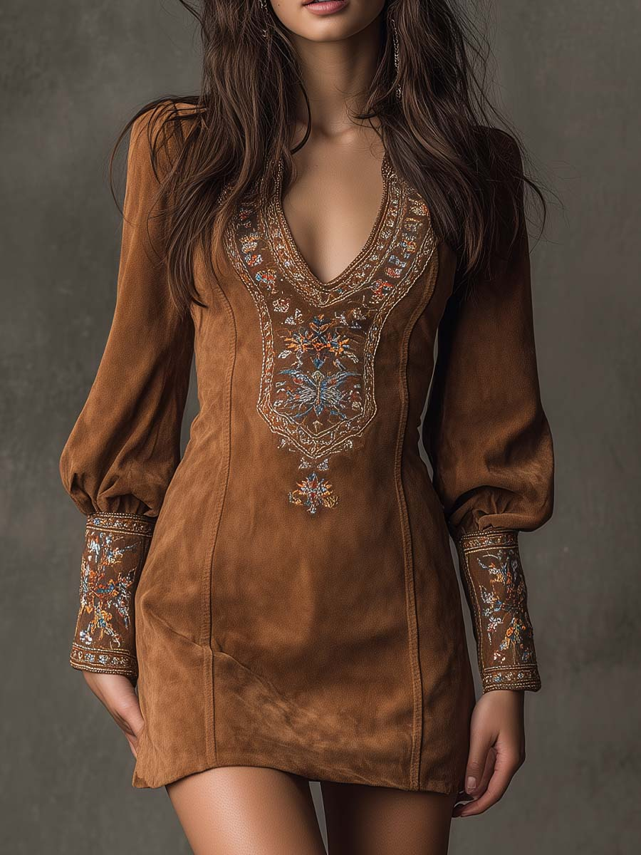 Brown suede mini dress with V-neck and embroidered front panel, puff sleeves