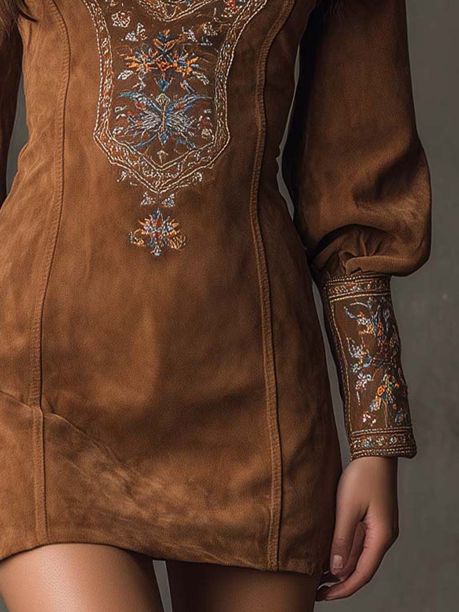 Brown suede mini dress with embroidered V-front and decorated cuffs