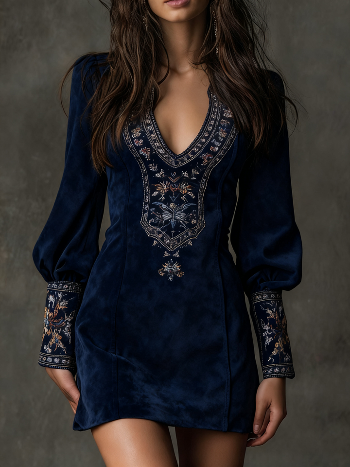 Blue suede mini dress with V-neck and ornate embroidered front panel, puff sleeves