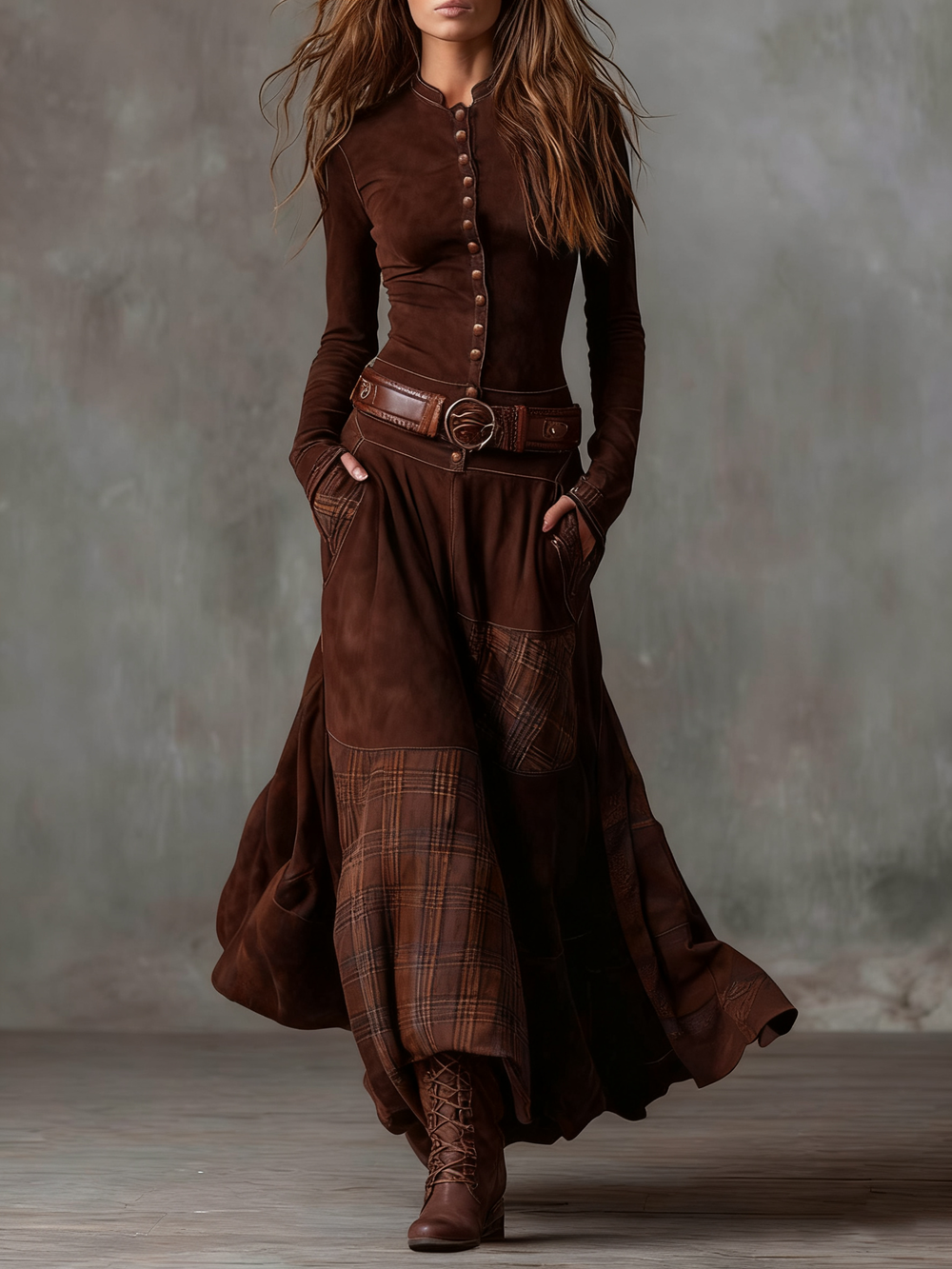 Brown suede maxi dress with front button placket, plaid panels, and brown belt