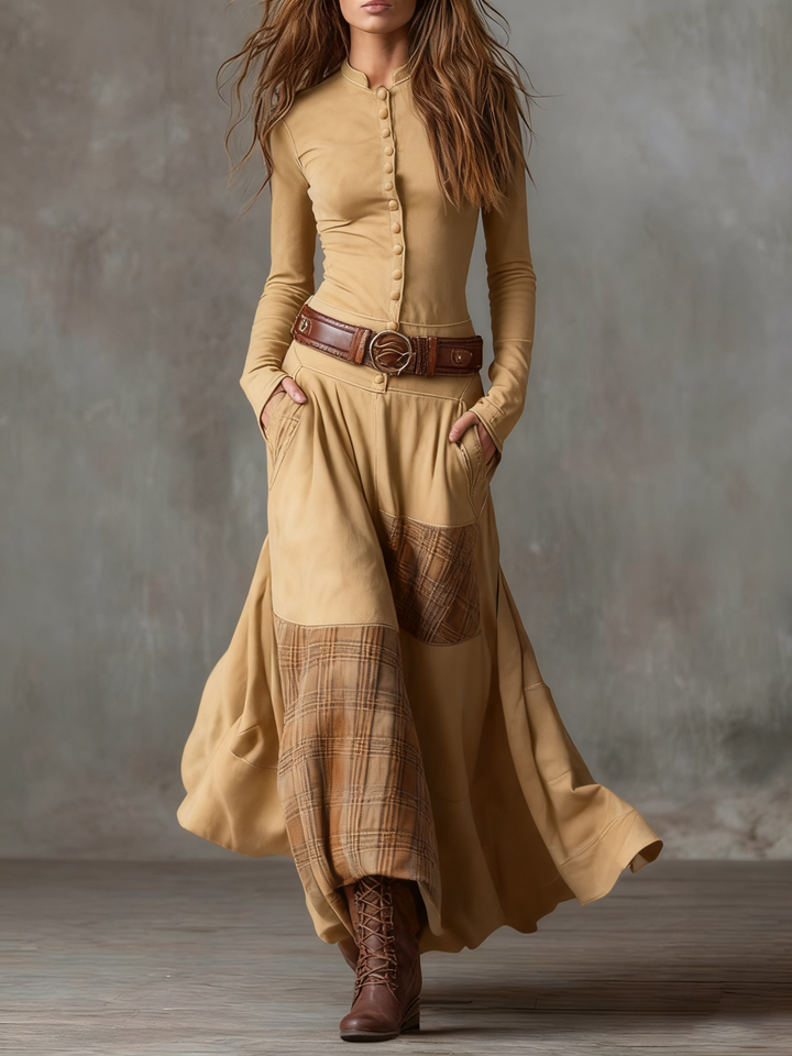 Khaki suede maxi dress with front button placket, plaid panels, and brown belt