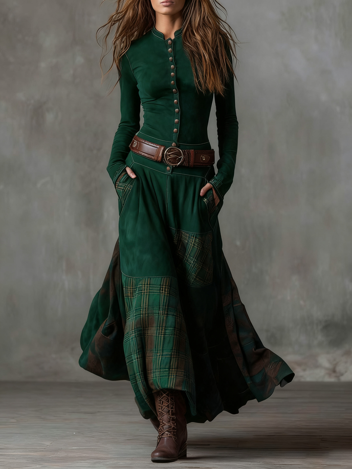 Green suede maxi dress with front button placket, plaid panels, and brown belt