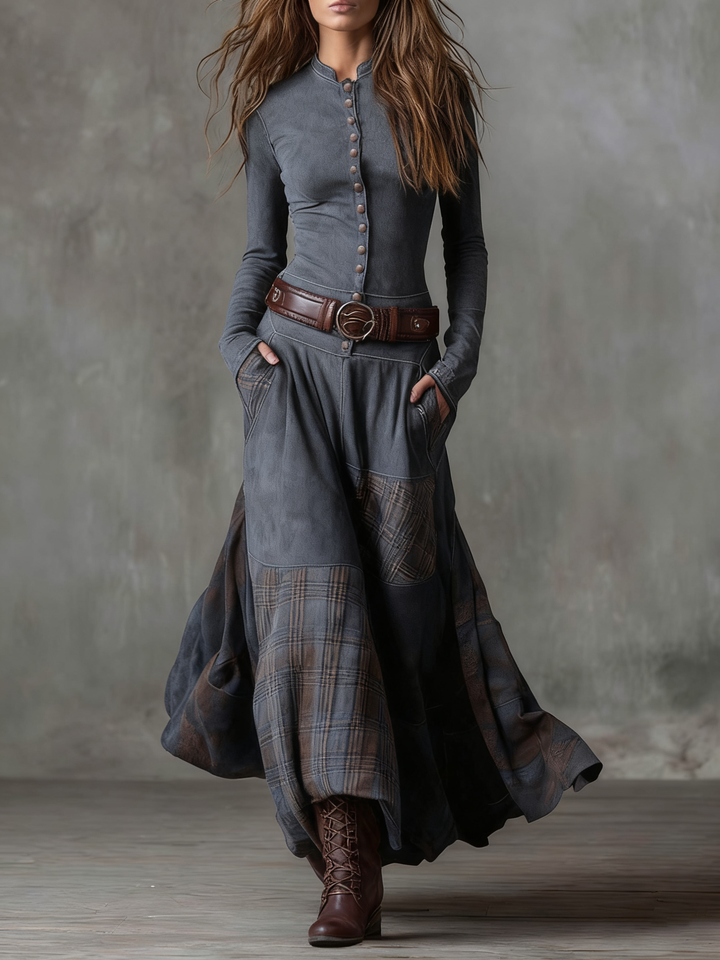 Gray suede maxi dress with front button placket, plaid panels, and brown belt