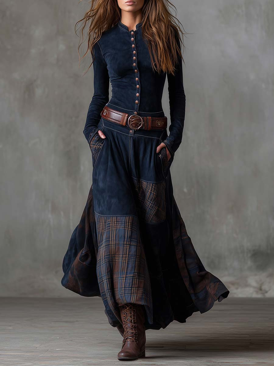 Blue suede maxi dress with front button placket, plaid panels, and brown belt