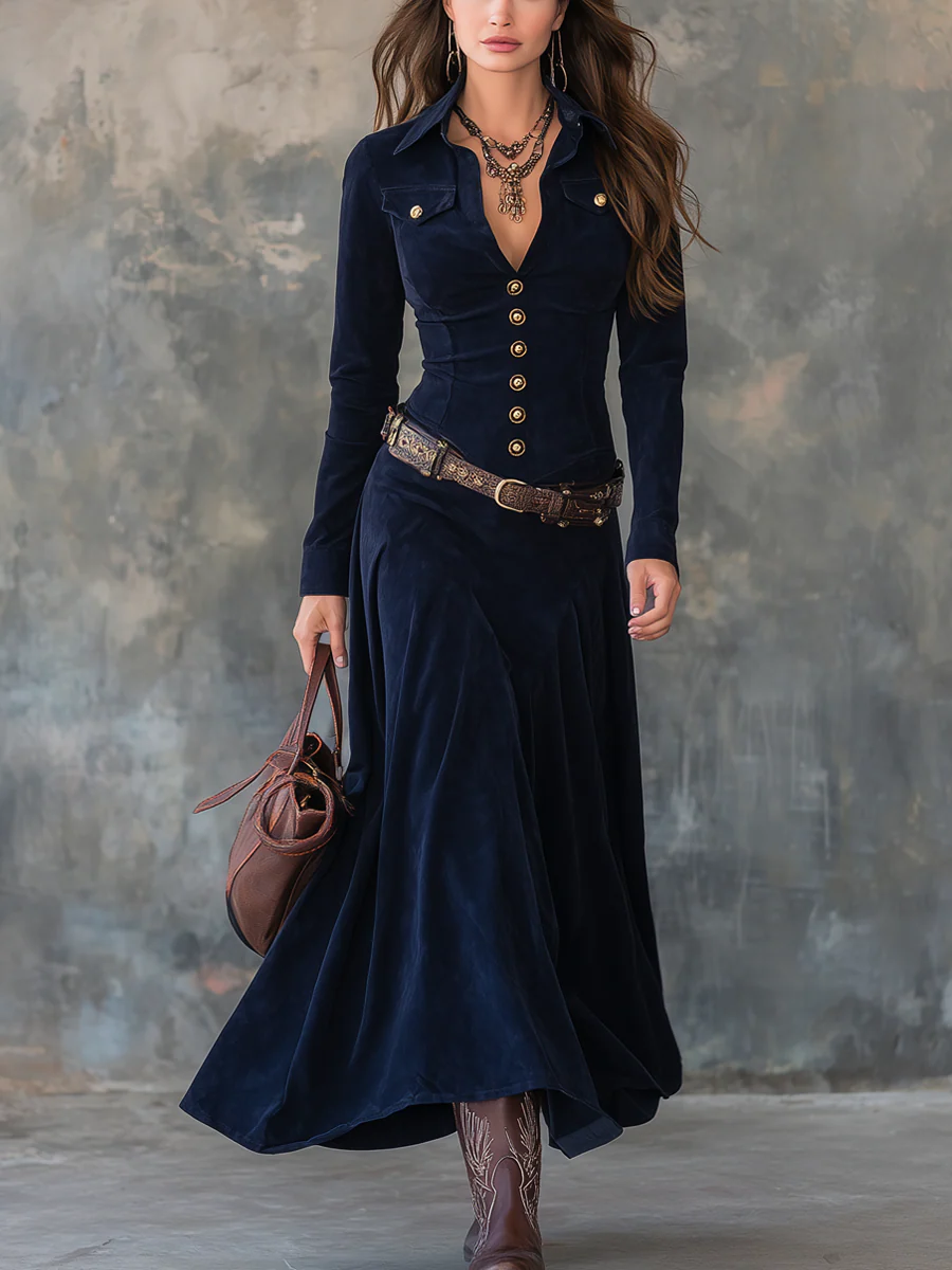 Navy suede maxi dress with button front, collar, pockets, and included belt.