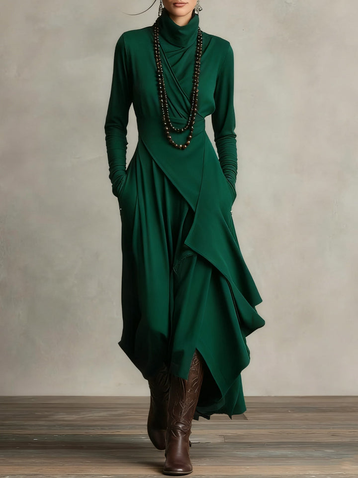 Katia™ Pleated Maxi Dress in green with long sleeves and layered draped hem