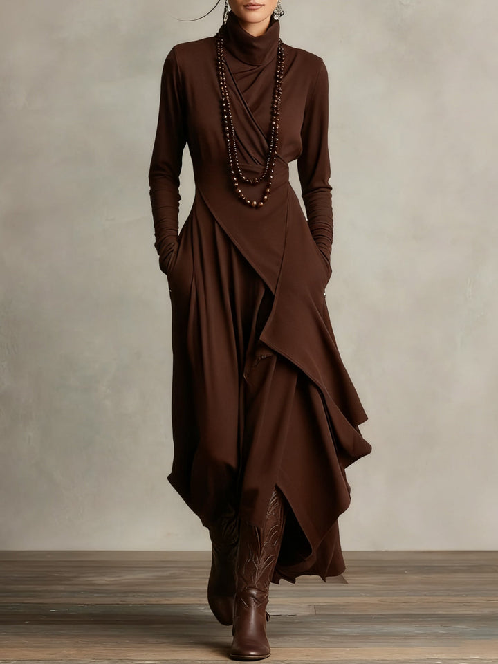 Katia™ Pleated Maxi Dress in brown with long sleeves and layered draped skirt