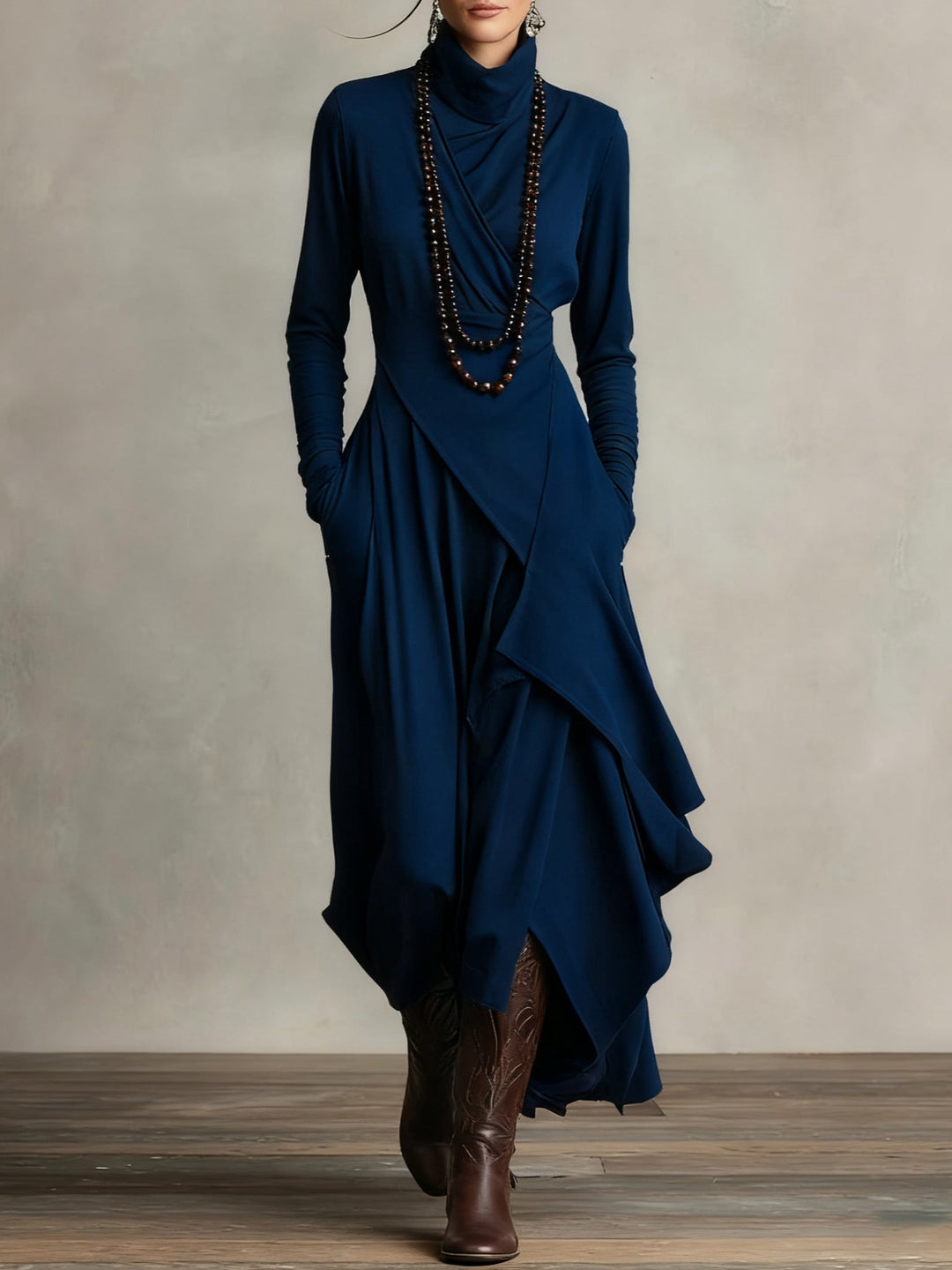 Katia™ Pleated Maxi Dress in navy blue with long sleeves and draped layered skirt