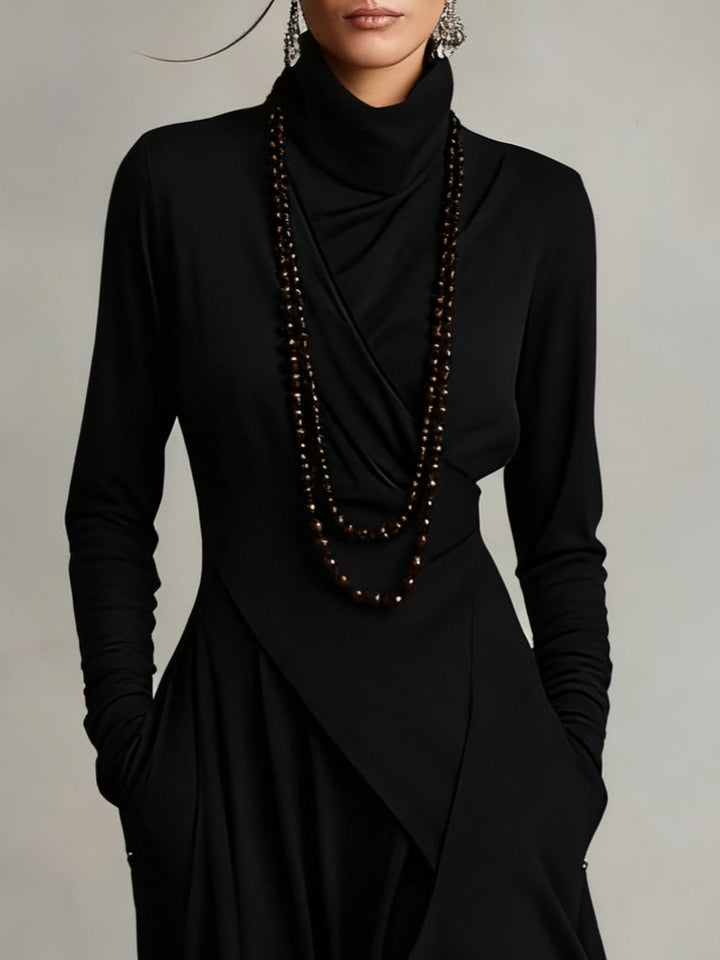 Katia™ Pleated Maxi Dress in black with cowl neckline and long sleeves