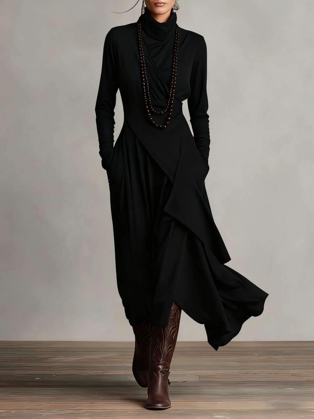 Katia™ Pleated Maxi Dress in black with long sleeves and draped crossover front