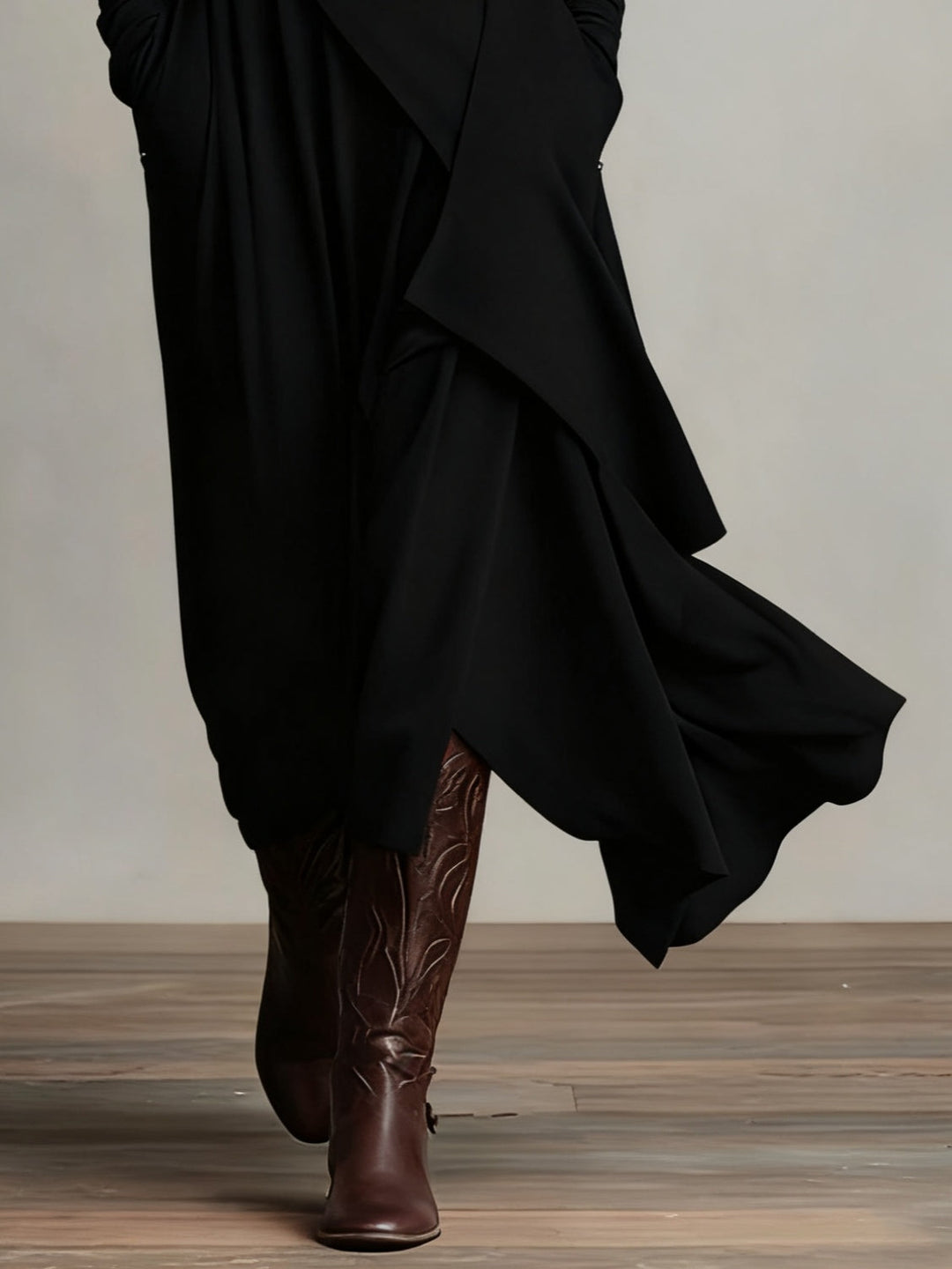Katia™ Pleated Maxi Dress in black with layered pleats and flowing asymmetrical hem
