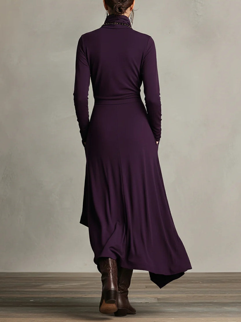 Katia™ Pleated Maxi Dress in purple, back view, long sleeves with flowing hem
