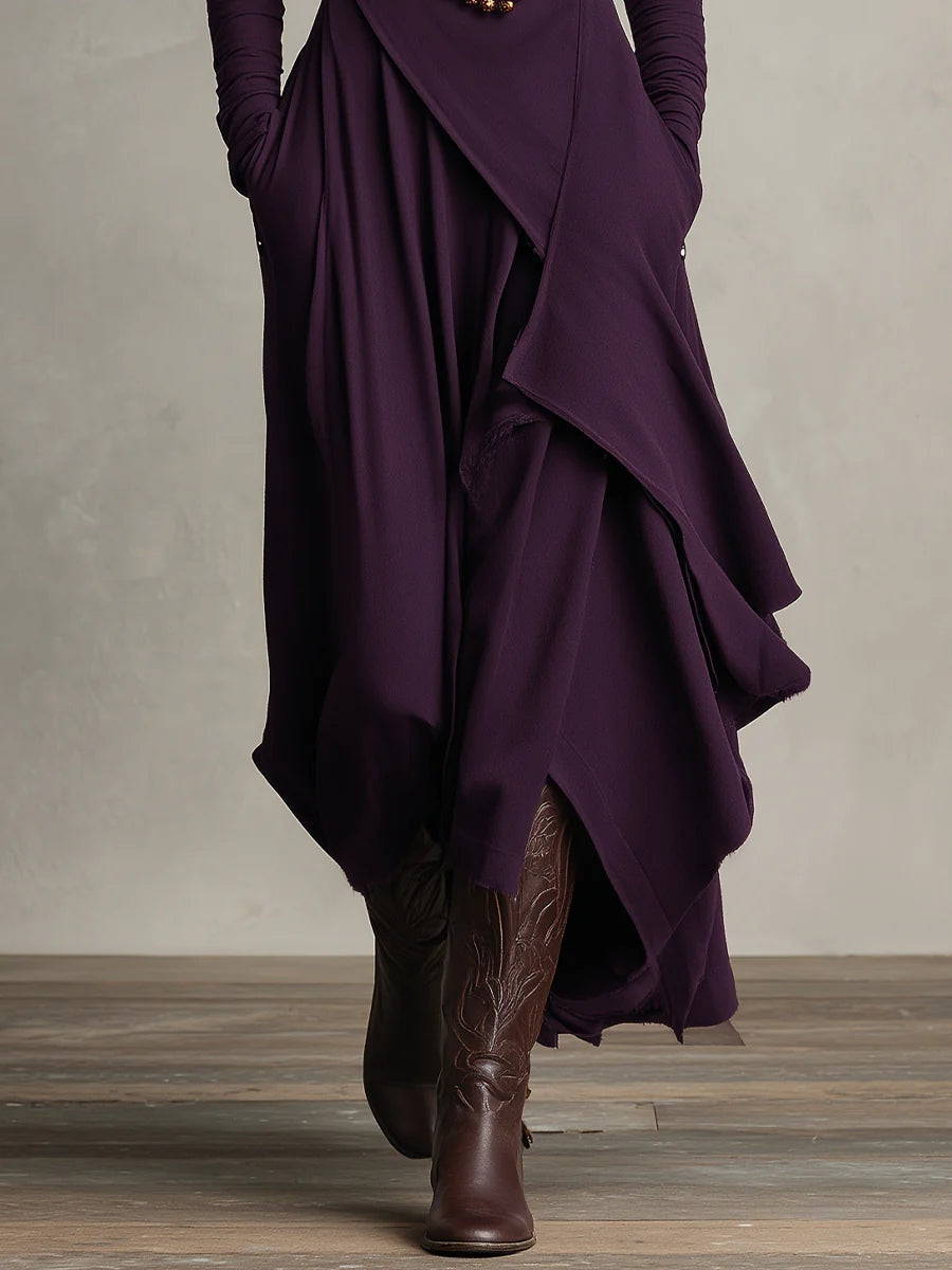 Katia™ Pleated Maxi Dress in purple with layered pleats and draped asymmetrical hem