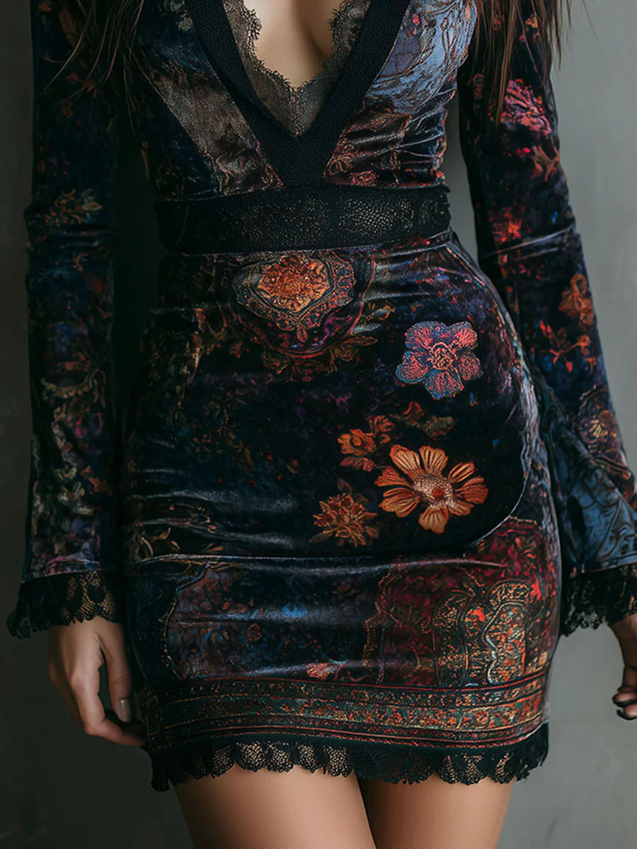 Kinslee velvet mini dress with floral embroidery at skirt and lace-edged hem