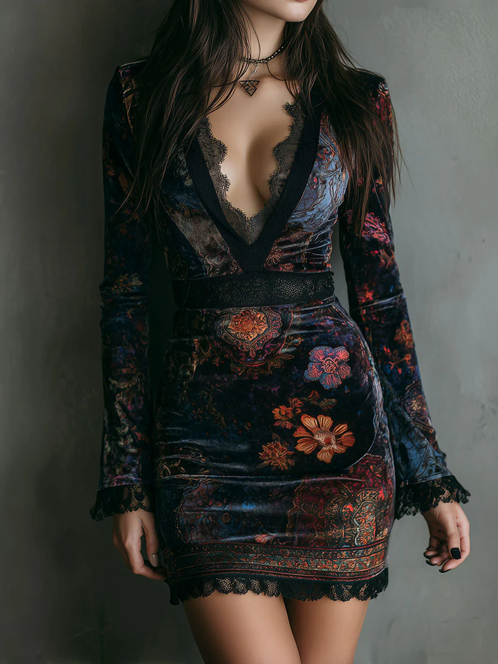 Kinslee velvet mini dress, long sleeves and V-neck, ornate floral panel print