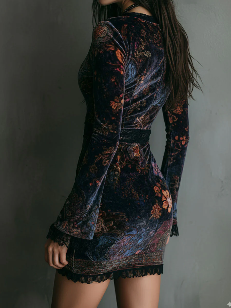 Kinslee velvet mini dress, fitted long sleeves, allover floral pattern, lace hem