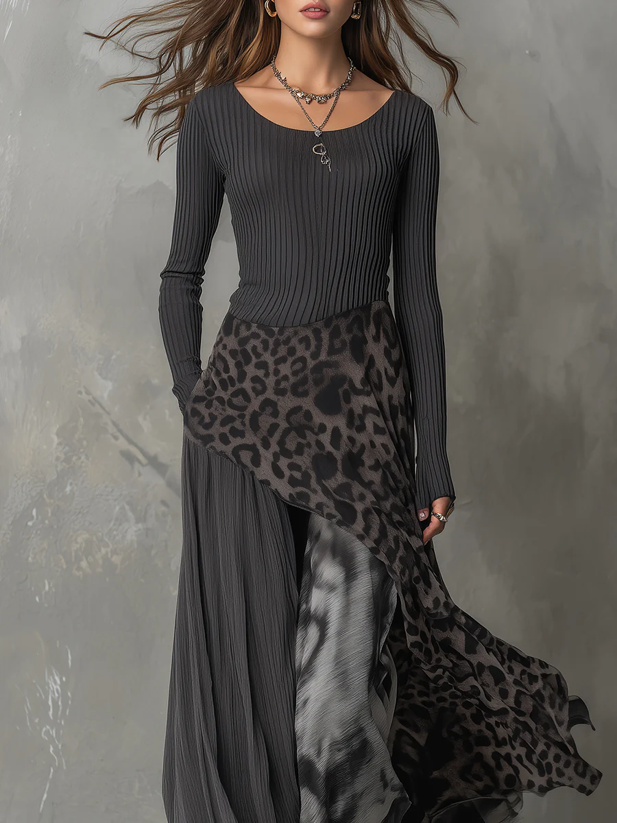Melissa™ elegant maxi dress with scoop neckline, ribbed top, leopard-print wrap-style skirt