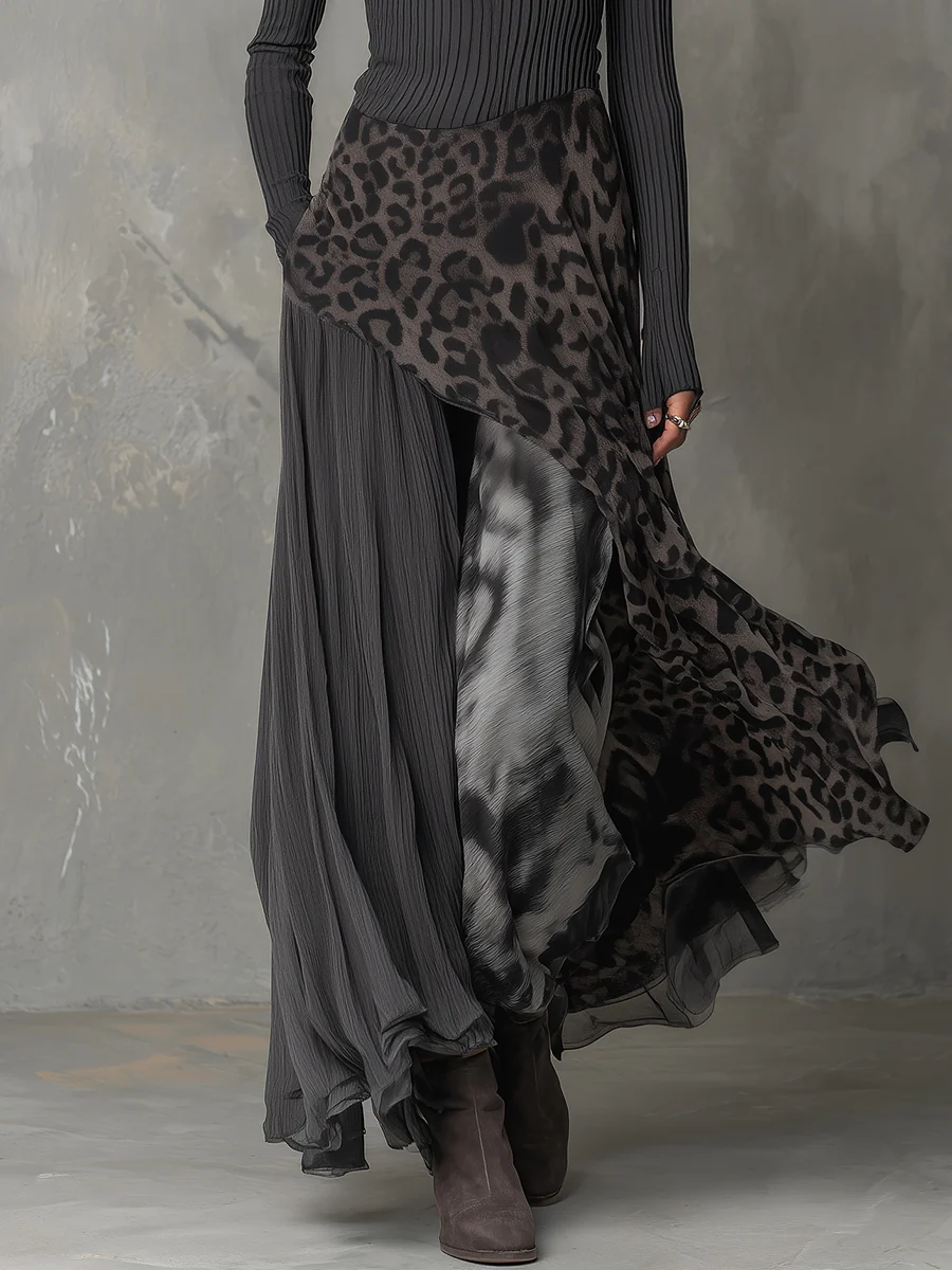 Melissa™ elegant maxi dress, close side: gray ribbed bodice with leopard-print flowing panel