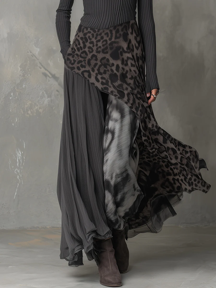 Melissa™ elegant maxi dress, close side: gray ribbed bodice with leopard-print flowing panel